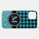 黒とティール（緑がかった色）グリッターバッファロープレイドモノグラム Case-Mate iPhoneケース (裏面 (横))