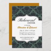 黒とティール（緑がかった色）ダマスクウェディングリハーサルディナー 招待状 (正面/裏面)