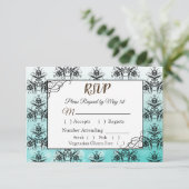 黒とティール（緑がかった色）ダマスクウェディングRSVPカード 出欠カード (スタンド正面)