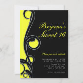 黒とネオンの明るい黄色の渦巻き スイート16パーティー 招待状 (正面)