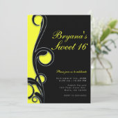 黒とネオンの明るい黄色の渦巻き スイート16パーティー 招待状 (スタンド正面)