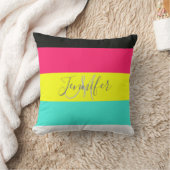 黒とネオンカラーブロックストライプモノグラム名 クッション (ブランケット)