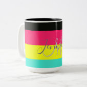 黒とネオンカラーブロックストライプモノグラム名 ツートーンマグカップ (正面左)