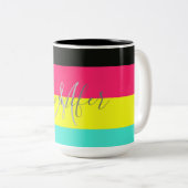 黒とネオンカラーブロックストライプモノグラム名 ツートーンマグカップ (正面右)