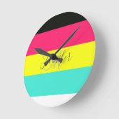 黒とネオンカラーブロックストライプモノグラム名 ラウンド壁時計 (傾斜)