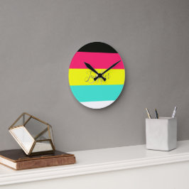 黒とネオンカラーブロックストライプモノグラム名 ラウンド壁時計