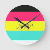 黒とネオンカラーブロックストライプモノグラム名 ラウンド壁時計 (正面)