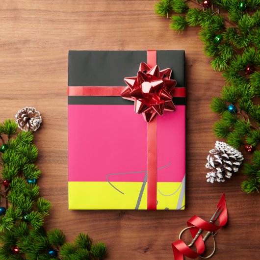 黒とネオンカラーブロックストライプモノグラム名 ラッピングペーパー (クリスマスギフト)