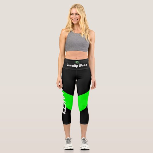 黒とネオングリーンのハイウェストのヨガパンツ カプリレギンス (正面)