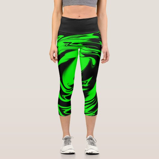 黒とネオンライムグリーンハイウェイストキャプリス カプリレギンス (正面)