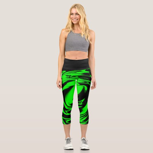黒とネオンライムグリーンハイウェイストキャプリス カプリレギンス (正面)