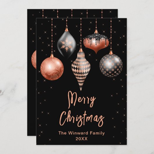 黒とバラの金ゴールドオーナメントメリークリスマス シーズンカード (正面/裏面)