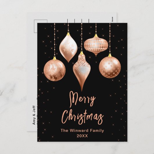 黒とバラの金ゴールドオーナメントメリークリスマス シーズンポストカード (正面/裏面)