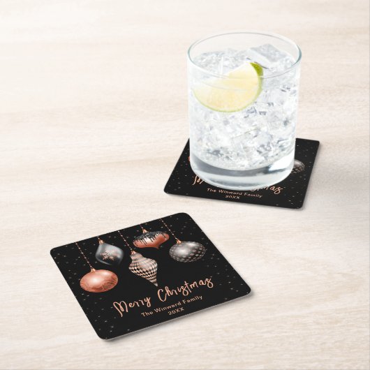 黒とバラの金ゴールドオーナメントメリークリスマス スクエアペーパーコースター (インサイチュ)