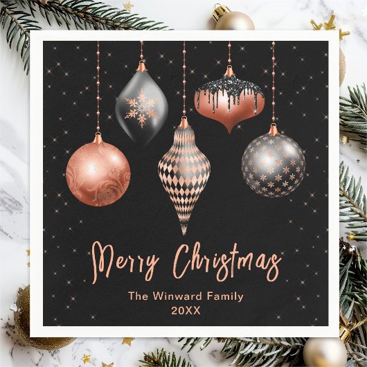 黒とバラの金ゴールドオーナメントメリークリスマス スタンダードカクテルナプキン