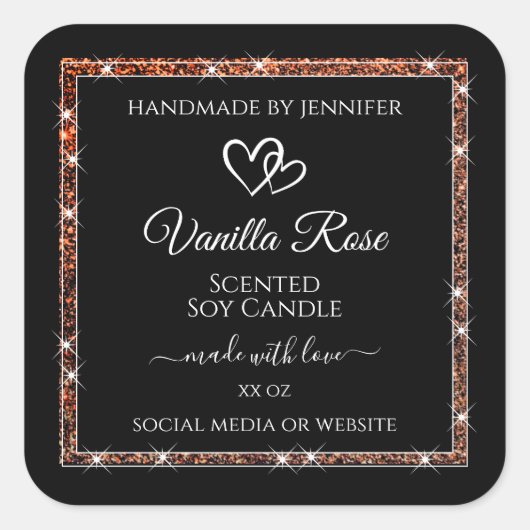 黒とバラの金ゴールドグリッターフレーム製品ラベル スクエアシール (正面)