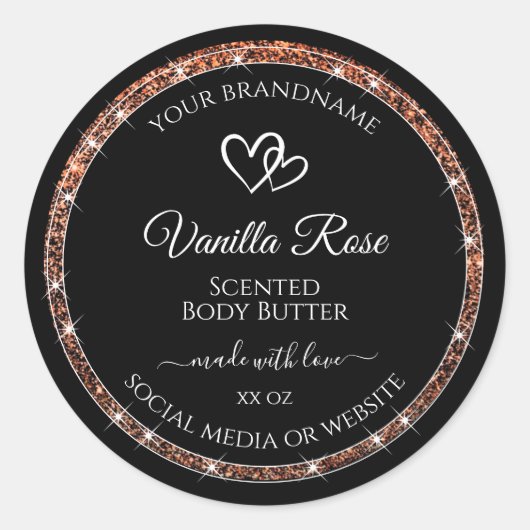 黒とバラの金ゴールドグリッターフレーム製品ラベル ラウンドシール (正面)
