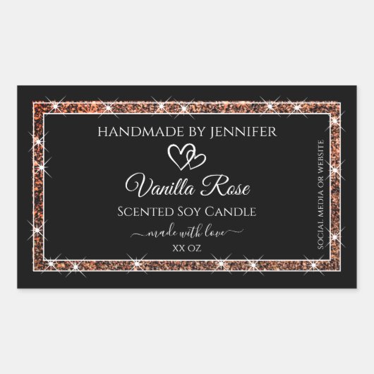 黒とバラの金ゴールドグリッターフレーム製品ラベル 長方形シール (正面)