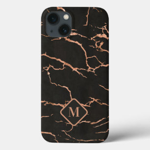 黒とバラの金ゴールド大理石テクスチャモノグラム iPhone 13ケース
