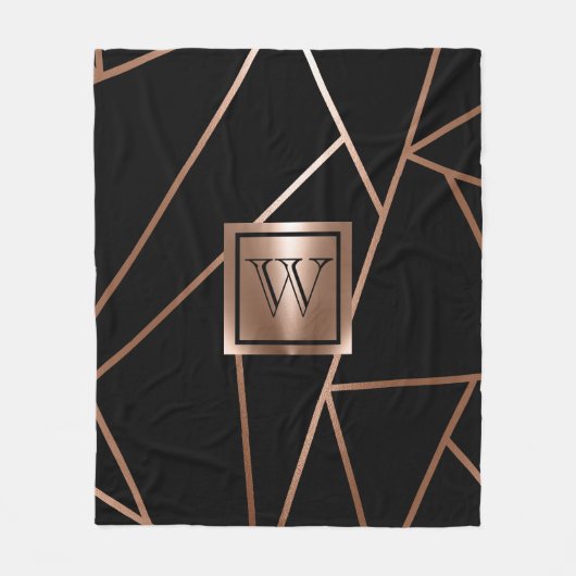 黒とバラの金ゴールド幾何学的 フリースブランケット (正面)