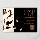 黒とバラの金ゴールド牡丹QRコードウェディングRSVP 箔シーズンカード (正面)