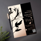 黒とバラの金ゴールド牡丹QRコード招待状 箔シーズンカード