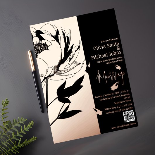 黒とバラの金ゴールド牡丹QRコード招待状 箔シーズンカード