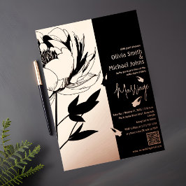 黒とバラの金ゴールド牡丹QRコード招待状 箔シーズンカード