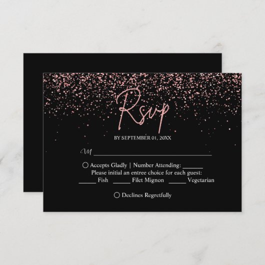 黒とバラの金ゴールド結婚グリッター 出欠カード (正面/裏面)
