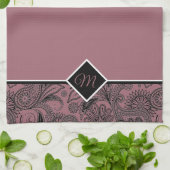 黒とバラ金ゴールドペイズリーモノグラムのキッチンタオル キッチンタオル (折り畳み)