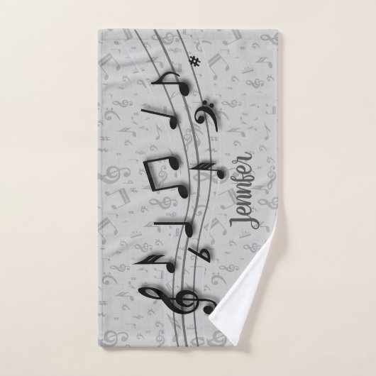 黒とパーソナライズされたグレーの音楽ノート バスタオルセット (ハンドタオル)