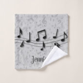 黒とパーソナライズされたグレーの音楽ノート バスタオルセット (ウォッシュタオル)