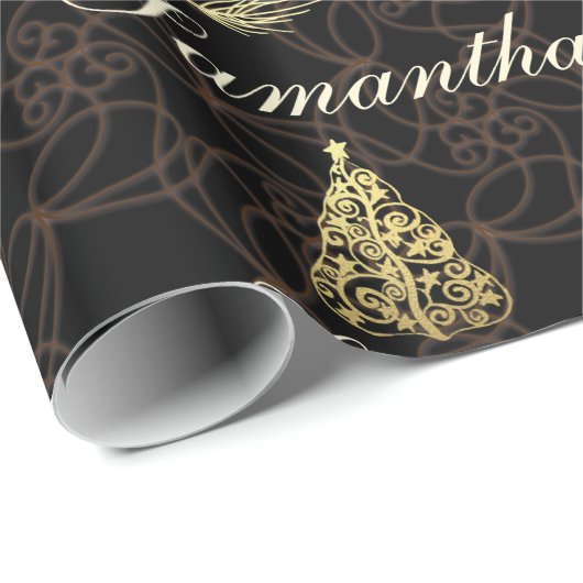 黒とパーソナライズされた金ゴールドのクリスマスプレゼントのラップ ラッピングペーパー (ロールコーナー)