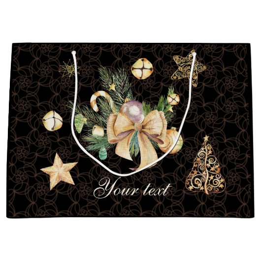 黒とパーソナライズされた金ゴールドのクリスマスプレゼントのラップ ラージペーパーバッグ (正面)