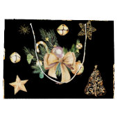 黒とパーソナライズされた金ゴールドのクリスマスプレゼントのラップ ラージペーパーバッグ (裏面)