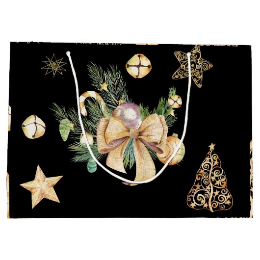 黒とパーソナライズされた金ゴールドのクリスマスプレゼントのラップ ラージペーパーバッグ (裏面)