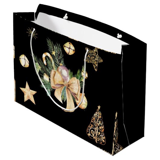 黒とパーソナライズされた金ゴールドのクリスマスプレゼントのラップ ラージペーパーバッグ (裏面アングル)