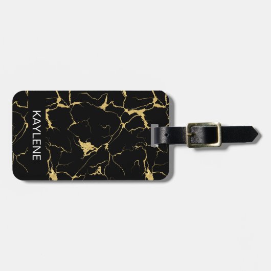 黒とパーソナライズされた金ゴールドの大理石ラゲージタグ ラゲッジタグ (正面横)