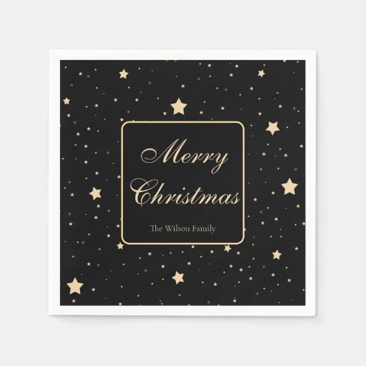 黒とパーソナライズされた金ゴールドの星空の夜のクリスマス スタンダードカクテルナプキン (正面)