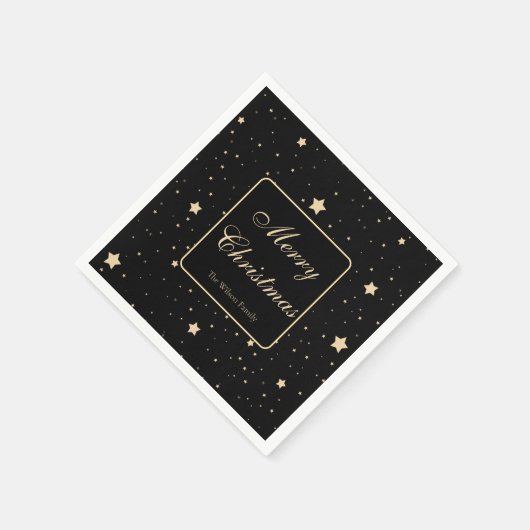 黒とパーソナライズされた金ゴールドの星空の夜のクリスマス スタンダードカクテルナプキン (角)