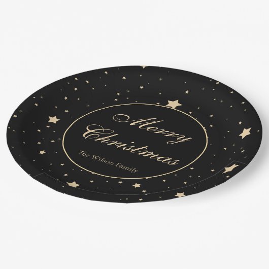 黒とパーソナライズされた金ゴールドの星空の夜のクリスマス ペーパープレート (アングル)
