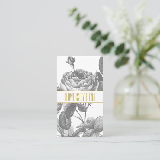 黒とビクトリアン白のバラの花金ゴールド 名刺 (スタンド正面)