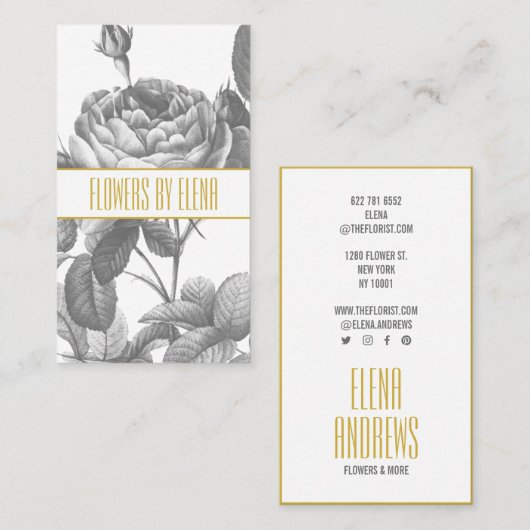 黒とビクトリアン白のバラの花金ゴールド 名刺 (正面/裏面)