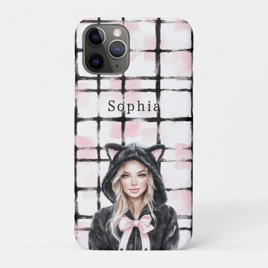 黒とピンクと白のチェックストライプの金髪子猫 Case-Mate iPhoneケース (裏)