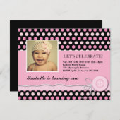 黒とピンクのかわいい誕生日パーティーの招待 招待状 (正面/裏面)