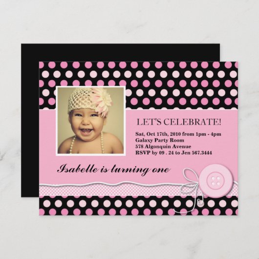 黒とピンクのかわいい誕生日パーティーの招待 招待状 (正面/裏面)
