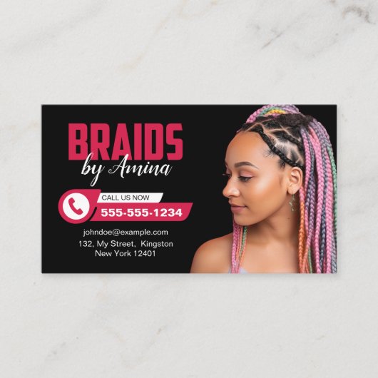 黒とピンクのアフリカ毛編みサロン写真 名刺 (正面)