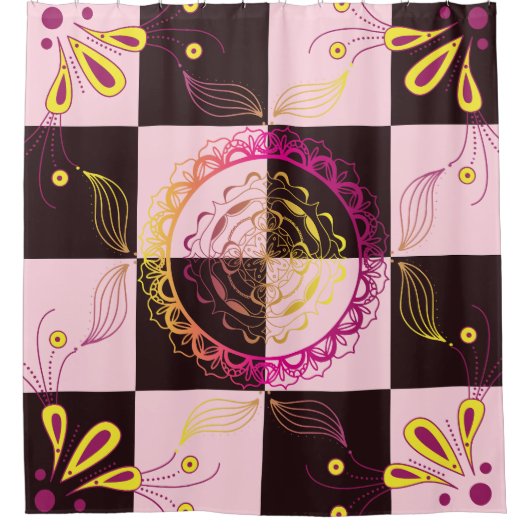 黒とピンクのグラフィックアート、神秘的なチェッカーボード シャワーカーテン (正面)