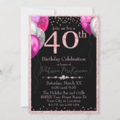 黒とピンクのグリッターバルーン40th誕生日 招待状 (正面)