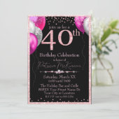 黒とピンクのグリッターバルーン40th誕生日 招待状 (スタンド正面)